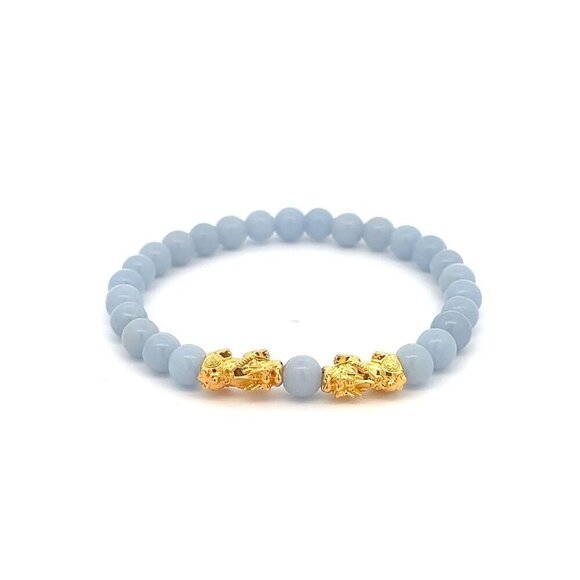 18K Gold Dragon Pixiu Double Piyao Lucky Charm Bracelet Gemstones Angelite 6mm - Picture 1 of 5